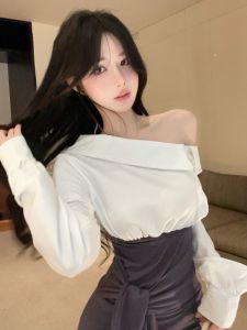 GUZILIAN | Váy sơ mi dài tay nữ mùa hè thiết kế độc đáo cạp cao gợi cảm dây buộc hở lưng váy midi cổ chữ V chất liệu polyester