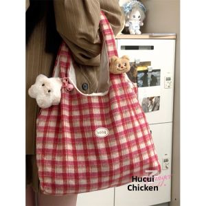 Autumn Winter Plaid Woolen Single Shoulder Bag Large Capacity Handbag for Women Students Class Korean Style Retro Bag