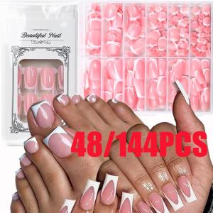 48/144Pcs French Tips Press On Fingernails+Toenails Short Square Fake Hand Foot Nails White Edges French False Nail&Foot Tip Set