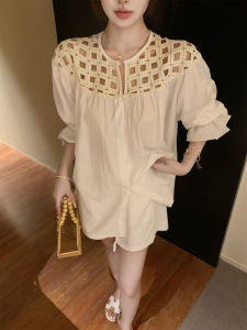 GUZILIAN | Korean Style Linen Heavy Work Shoulder Hollow Lazy Bubble Sleeve Long Sleeve Shirt Fashion Short Pants Two Piece Set