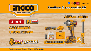 INGCO 20V 2-IN-1 CORDLESS IMPACT WRENCH & WORK LIGHT COMBO KIT | BRUSHLESS MOTOR | COSLI23056