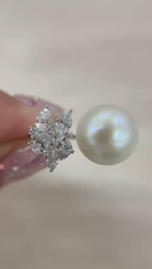 TDG 10K White Gold Pearl Lab-Grown Mixed Diamond Ring