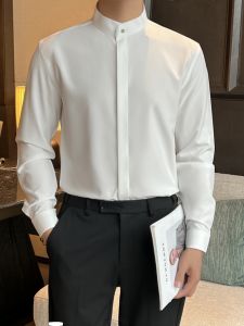 Spring Season Stand Collar Long Sleeve Casual Black Shirt Versatile Mens Fashion Top Quality Polyester Fiber Standard Fit