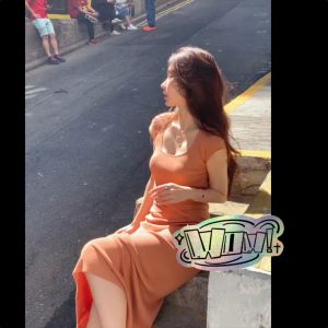 Basic Dress U-neck with Sleeves and Bow Tie Tight Long Skirt