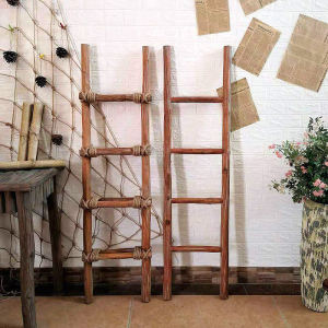 Creative Vintage Hemp Rope Real Wood Ladder Decorative Ornament for Courtyard Bookshelf Hatstand Photography Props