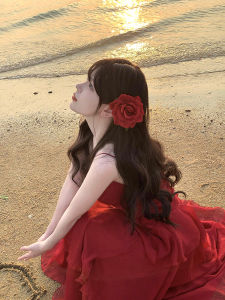 Beach Vacation Style Red Rose Hair Clip Womens Side Bangs Clip Headwear Photography Prop Hair Accessory Romantic Burn