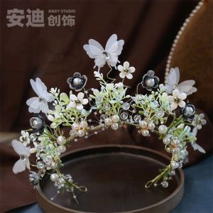 Elegant Silk Butterfly Crown Wedding Headwear Earrings Studio Photography Bridal Forest System Flower Ring Fresh Outburst