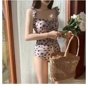 Kiddy Crew ins ชุดว่ายน้ำวันพีชสไตล์เกาหลี  ลายดอกไม้วินเทจ สายเอี๊ยมเซ็กซี่ สลิม สปา วันหยุด ชุดว่ายน้ำ