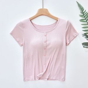 Áo Thun Tay Ngắn Mỏng Dệt Kim Mới Áo Thun Cổ Tròn Màu Trơn Áo Thun Thường Ngày Áo Thun Ôm Vừa Vặn Không Cần Đeo Áo Ngực