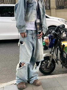 กางเกงยีนส์ทรงหลวมสไตล์อเมริกันย้อนยุคสำหรับผู้ชาย กางเกงขายาวทรงตรงขากว้าง ทรงหลวม กางเกงยีนส์ทรงหลวม