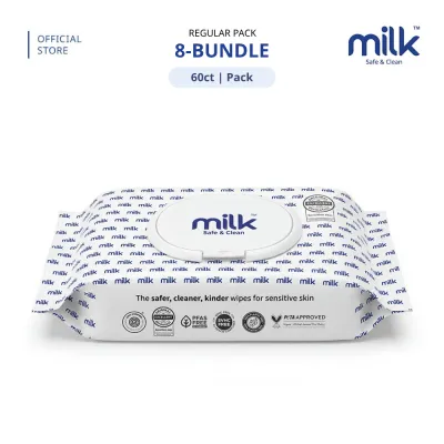 MILK Baby Water Wipes Regular Pack 60s | 99.9% Pure Water | Safe for Face & Mouth [8 Packs]