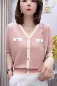 Áo Thun Dệt Kim Tay Ngắn Thường Ngày Sang Trọng Thanh Lịch Mùa Hè 2025 Cổ Chữ V Màu Trơn Chất Lượng Cao Cấp Thường Ngày