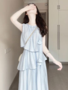 PEIZIXUAN | Sleeveless French Blue Vacation Long Dress