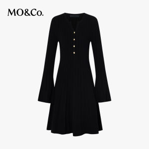 MO&Co. | Autumn and Spring Embossed Button Partial Front Open Cinched Waist Dress