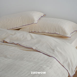 Zwow Luxury Satin Texture Floral Embroidery Skin-friendly Cotton 4pc Bedding Set Beige Purple Edge 100% Pure Cotton Duvet Cover