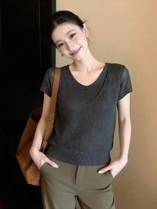 AIYITI | Faux Layer Thin Hollowed-out Ice Silk V-neck Short Sleeve T-shirt Summer Plus Size Women