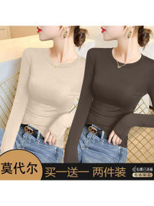 สลิมฟิต เสื้อยืดคอกลมแขนยาว Modal เสื้อชั้นฐาน ฤดูใบไม้ผลิ ฤดูใบไม้ร่วง สไตล์ใหม่ ผู้หญิง แฟชั่นการสวมใส่ด้านใน เสื้อท่อนบน งานเย็บปะติดปะต่อกัน