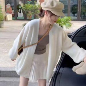 Elegant White Knitted Sweater Coat Womens Spring Autumn Loose Casual Versatile Open Cardigan Top Gentle Breezy Style