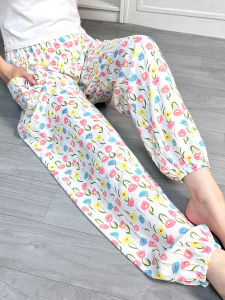 Summer Womens Thin Silk Cotton Pants Casual Loose Fit Home Leisure Beachwear plus Size High Waist Elastic Waistband