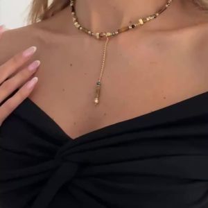 KunJoe Vintage Tiger Eye Stone Beaded Pendant Necklace Women Bohemia Irregular Y-Shaped Tassel Necklaces Party Jewelry Accessory