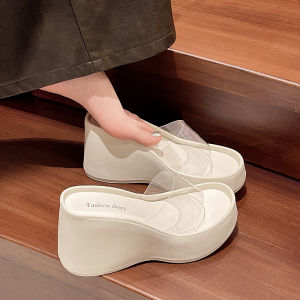 รองเท้าแตะส้นหนาใสสำหรับผู้หญิงในช่วงฤดูร้อน รองเท้าแตะชายหาดส้นลิ่มกลางน่องสูง รองเท้าแตะสวมใส่สบายสำหรับกลางแจ้ง