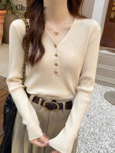 La Chapelle Womens Long Sleeve V-Neck Knitwear Base Shirt Inner Wear Autumn Fashion Sweet Style Slim Fit Button Detail