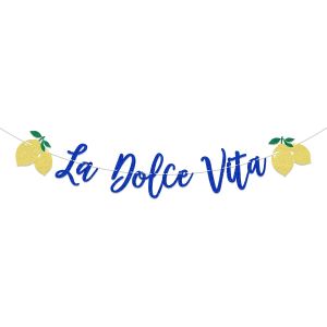 La Dolce Vita Banner Blue Glitter Italian Phrase Bunting with Lemon Cutouts Mediterranean Summer Party Decor