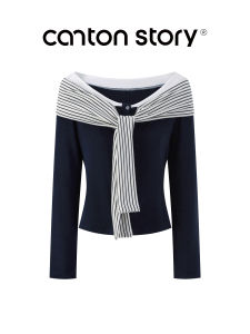 Blue Striped Long Sleeve T-Shirt Womens Belted Patchwork Classic Commute Style V-Neck Moisture Wicking Regular Fit Autumn New