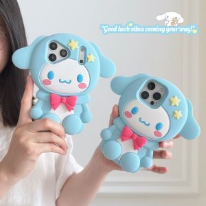 Sanrio | Cute 3D Cartoon Cinnamoroll Silicone Phone Case For iPhone 17E 17 16 15 14 13 Pro Max Plus INS Shockproof Leg Holder Back Cover