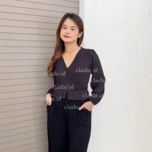 Yovita Blouse Wanita Rib Knit - Atasan Kancing Depan Lengan Panjang Elegant OOTD by Clashe