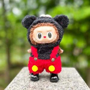Labubu PVC Doll 17cm Doll Clothes Red and Black Mickey Pendant Automobiles Curtain Cloth Doll Suspenders Two-Piece Suit