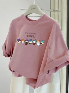 Áo Thun Cotton Tay Ngắn Dáng Rộng Màu Hồng Mùa Hè 2024 Phong Cách Hàn Quốc Cổ Tròn in Chữ Thời Trang