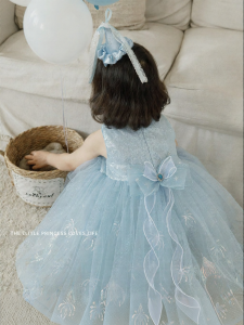 YOEHYAUL | Blue Breathable Sleeveless Tulle Party Dress with Glitter