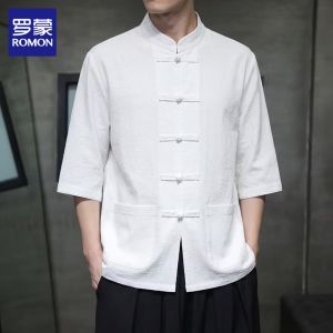 ROMON | New Chinese Style Casual Short Five-Eighth Length Sleeve Shirt
