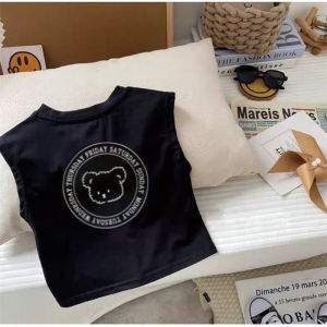 Boys Pure Cotton Tank Top Sleeveless T-shirt Cartoon Letters Bear Print K-style Loose Casual Easy Matching Clothes Fashion
