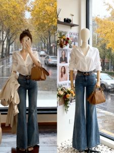 Stylish White V-Neck Slim Fit Womens Shirt Versatile Commute Cotton Long Sleeve Korean Style Fashionable Elegant