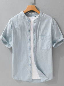 Mens Loose Fit Pure Cotton Short Sleeve Shirt Simple Stand Collar Small Fresh Trend Summer New Style Breathable Casual Shirt