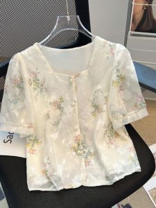 Áo Sơ Mi Voan Tay Ngắn Họa Tiết Hoa Thanh Lịch Cho Nữ Mùa Hè Mới Về Áo Sơ Mi Polyester Phong Cách Mới Áo Sơ Mi Ngắn