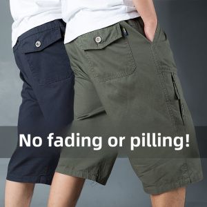 Mens Summer Casual Cotton Cargo Pants mid Waist Straight Leg Seven-Foot Length Outdoor Wear Dad Style Workwear Trousers