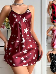 ชุดนอนเชือกแขวนคอเซ็กซี่สําหรับผู้หญิงชุดนอนแขนกุดพิมพ์ลายพร้อมรายละเอียดคอวีและคัตเอาท์