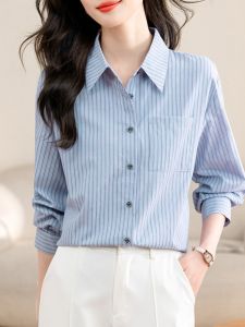 Blue White Striped Casual Long Sleeve Shirt Womens Luxury Commute Polo Collar Top Versatile Autumn Fashion for All Body Types