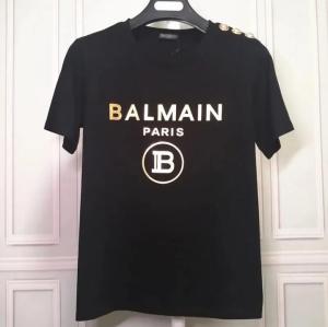 Original BALMAINˉPARIS Mens and Womens Round Neck Same Half-sleeve T-shirt Laser Color Sequins Fashion Cotton Sports Short-sleeved Tshirt Shoulder Gold Buckle Loose Tee Tops