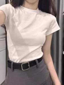 Pure Cotton round Neck Short Sleeve T-Shirt Women Summer Korean Style Casual Versatile Slimming Short Length White Top