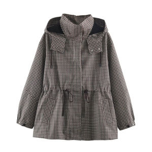 Guobioziy Womens Jacket 2026 Early Autumn New Arrival Fashion Retro Drawstring Waist Stand Collar Plaid Hooded Casual Jacket