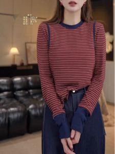 Slim Fit Long Sleeve round Neck Knitted Sweater Pure Cotton Striped Base Layer Top for Women Autumn Fashionable plus Size