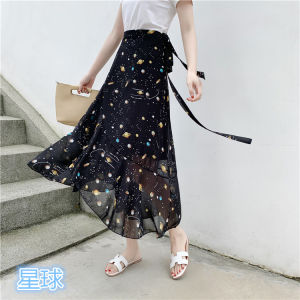 Shoelace One-Piece Skirt Chiffon Retro Floral Beach Skirt Spring and Summer New Arrival Womens Mid Length Long Length Ruffles Wrap Skirt