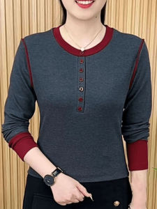 Early Spring Loose Long Sleeve round Neck Base Shirt Womens Casual Style Comfortable Fit Versatile Top for Middle-Aged Mothers