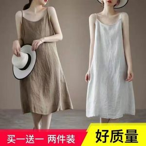 Summer New Womens Sleeveless Cotton Midi Dress Pure Color Casual Style U-Neck Gown Cotton Linen Blend Wrap-Vest Skirt