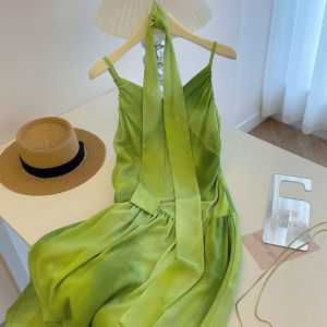 PAIBOLI | ชุดเดรสยาวผ้าชีฟองคอวีสีเขียวสไตล์วันหยุดชายหาดสไตล์ฝรั่งเศส กระโปรงยาวปานกลาง แขนยาว ทรงเอ เดรสยาวปานกลาง