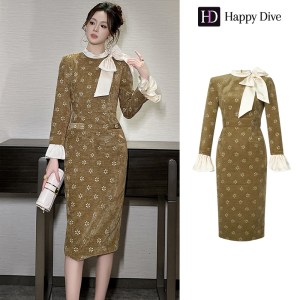 Happy Diva ชุดเดรสผู้หญิงชุดเดรสผ้าโพลีเอสเตอร์เดรสคอปาดชุดกระโปรงสีกากีชุดราตรีชุดเดรสวินเทจชุดเดรสปาร์ตี้ 51186